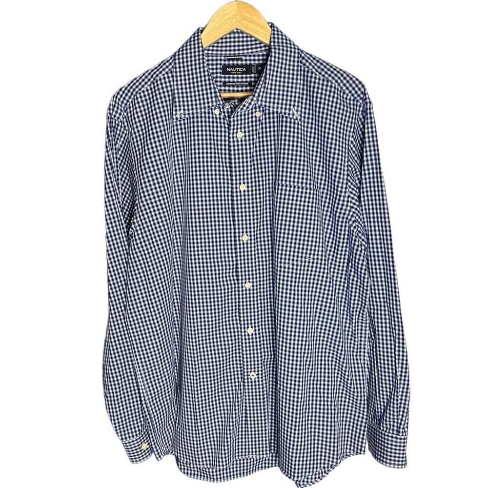 Nautica Men's XL Long Sleeve Wrinkle Resistant Dress‎ Shirt Blue Checker Plaid